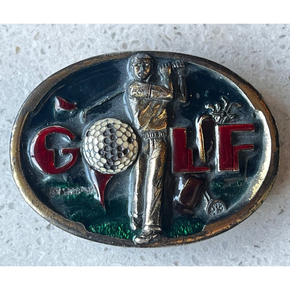 Vintage Solid Brass Metal Golf Belt Buckle With Golfer & Equipment Design